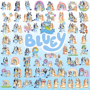 Könnte beinhalten: Eine Sammlung von Bluey- und Bingo-Aufklebern mit verschiedenen Posen, Geburtstagsthemen, Regenbögen und Luftballons. Das Wort BLUEY ist in großen, hellblauen Buchstaben in der Mitte des hellblauen Hintergrunds abgedruckt.