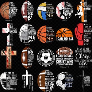 Puede incluir: Diseños temáticos deportivos con balones de baloncesto, fútbol americano y béisbol. Cada diseño incluye el texto "Todo lo puedo en Cristo que me fortalece" de Filipenses 4:13.