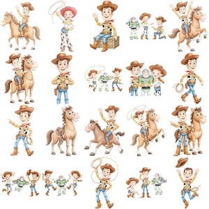 May include: A collection of cartoon illustrations featuring a cowboy character in a yellow shirt, cow-print vest, blue jeans, and brown hat, a cowgirl character, and a space ranger character, shown in various poses, some riding a brown horse.