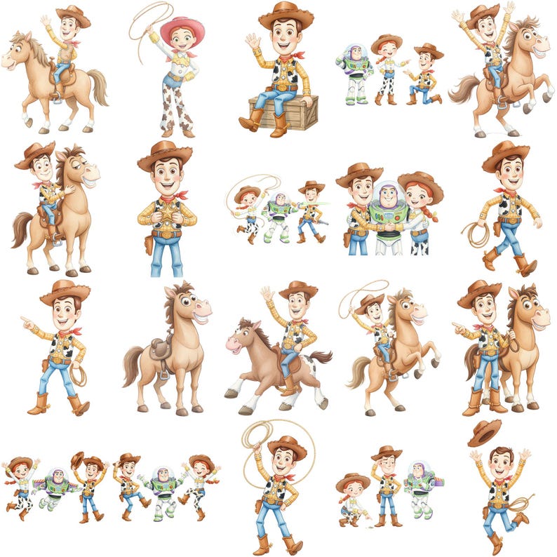 May include: A collection of cartoon illustrations featuring a cowboy character in a yellow shirt, cow-print vest, blue jeans, and brown hat, a cowgirl character, and a space ranger character, shown in various poses, some riding a brown horse.