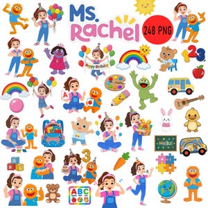 May include: A collection of digital illustrations featuring Ms. Rachel, an orange puppet character, and various educational icons including a rainbow, school bus, globe, alphabet blocks, numbers, a guitar, and a backpack, all set against a white background.