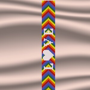 May include: A beaded bracelet with a rainbow chevron pattern and a white heart in the center. The bracelet is made with small, colorful beads and has a simple, modern design. The text "Love Rainbow Chevron" is displayed below the bracelet.