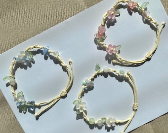 Glass Flower Bead Bracelet (2 Flowers): Adjustable Waxed Cord, Fairycore