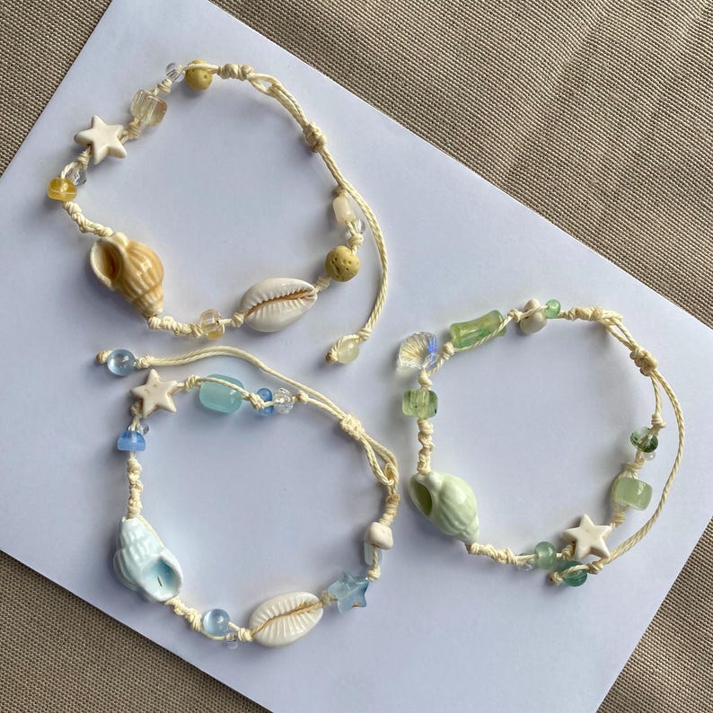 Ceramic Seashell Bracelet with Adjustable Waxed Cord, Beach Jewelry