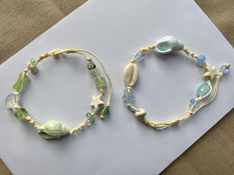 Ceramic Seashell Bracelet with Adjustable Waxed Cord, Beach Jewelry