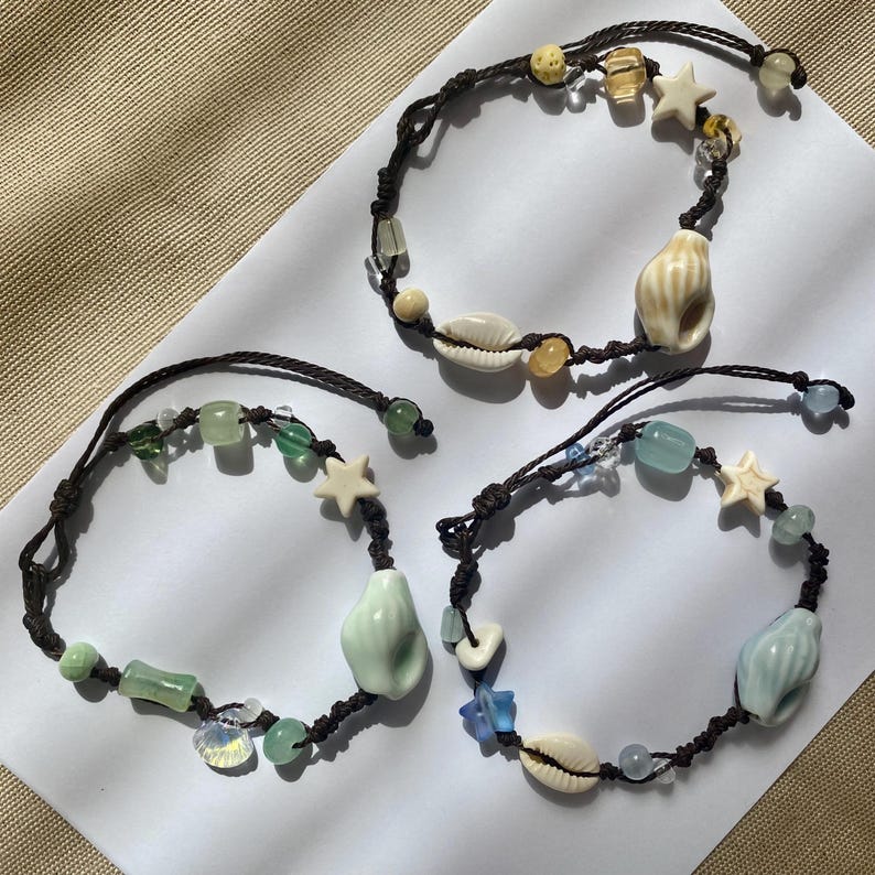 Ceramic Seashell Bracelet with Adjustable Waxed Cord, Beach Jewelry