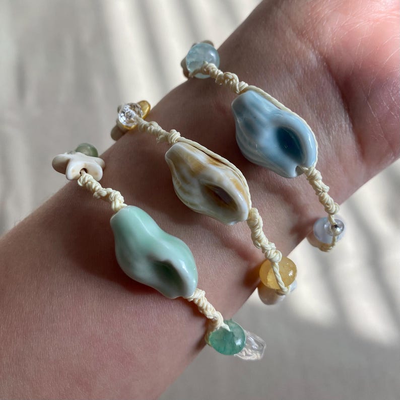 Ceramic Seashell Bracelet with Adjustable Waxed Cord, Beach Jewelry