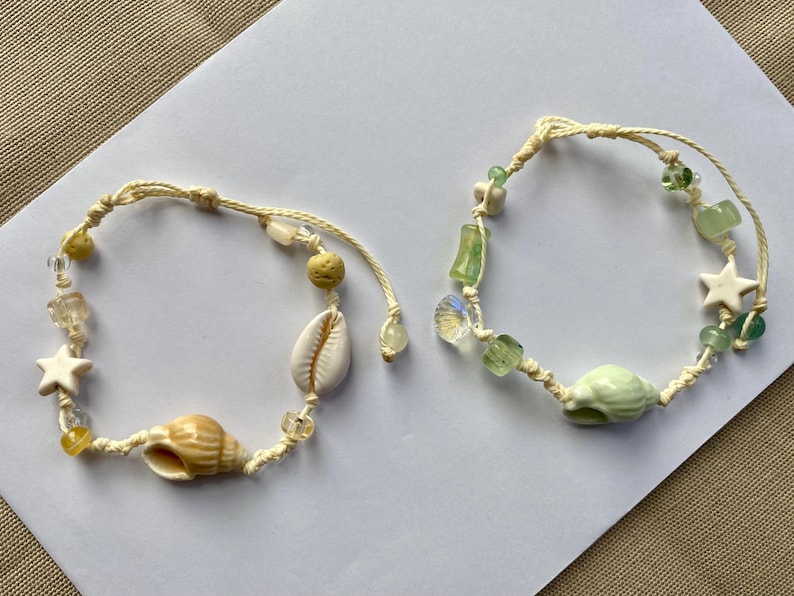 Ceramic Seashell Bracelet with Adjustable Waxed Cord, Beach Jewelry