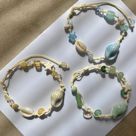 Ceramic Seashell Bracelet with Adjustable Waxed Cord, Beach Jewelry