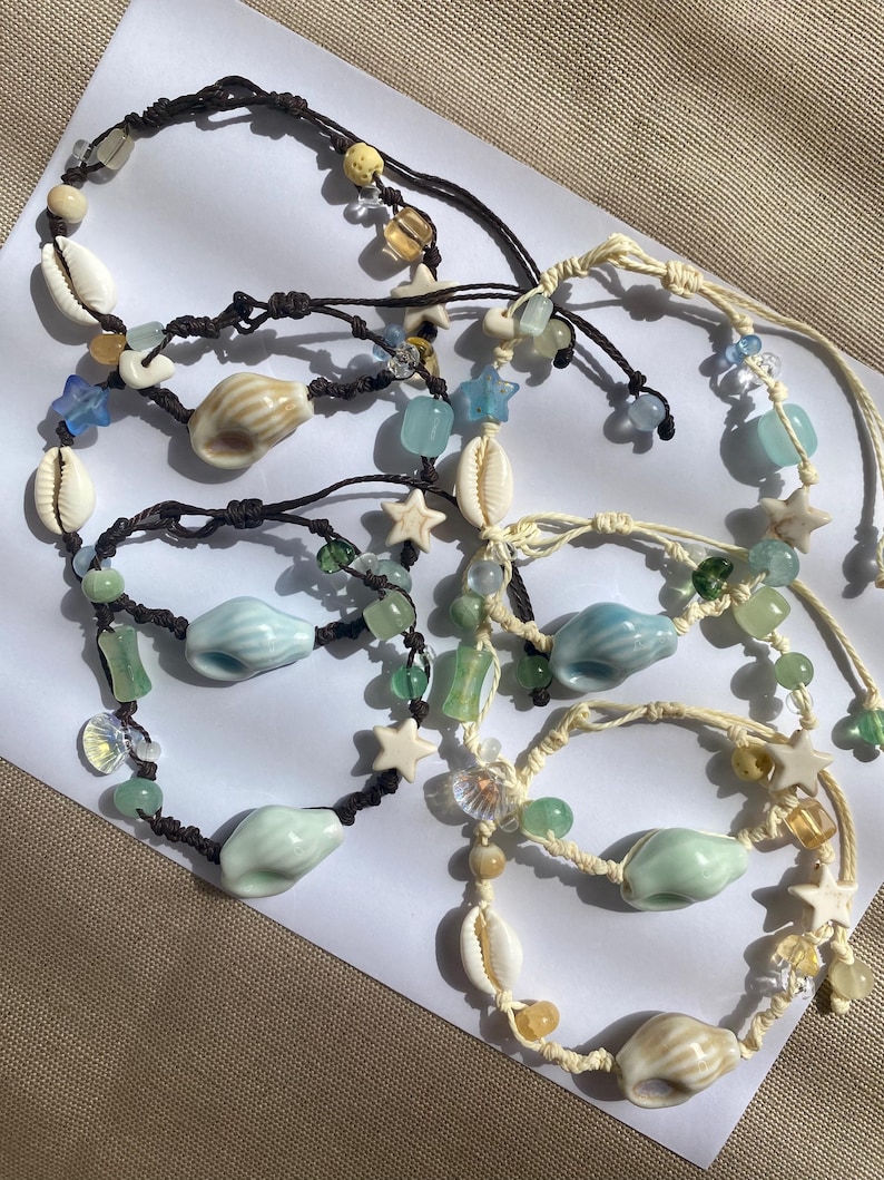 Ceramic Seashell Bracelet with Adjustable Waxed Cord, Beach Jewelry