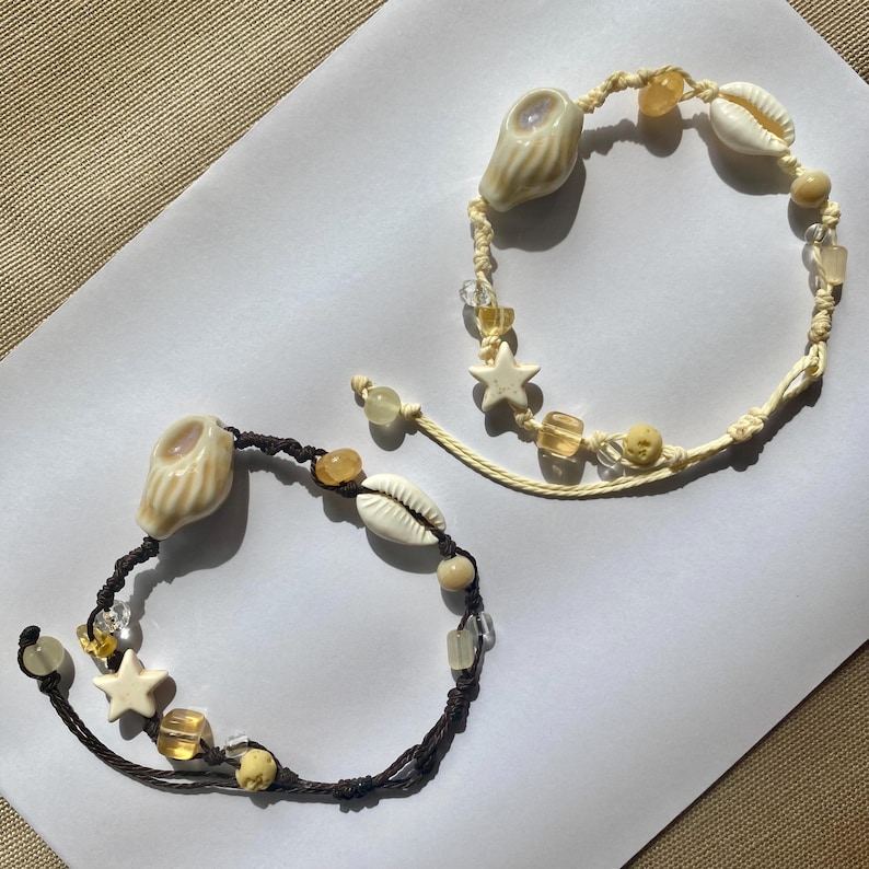 Ceramic Seashell Bracelet with Adjustable Waxed Cord, Beach Jewelry