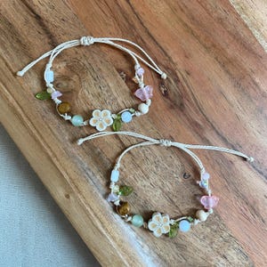 Wood Flower Bead Bracelet: Adjustable Waxed Cord, Forestcore