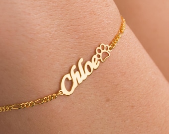 Dainty Gold Paw Print Name Bracelet, Custom Elegant Dog Paw Bracelet, Pet Name Bracelet, Pet Lover Gift, Christmas Gift, Personalized Gift