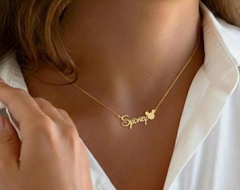 Gouden gepersonaliseerde naamketting met muis, Mickey Head-naamketting, Disney-naambordje, zilveren cadeau, gouden Disney-lettertypeketting