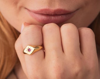 Gold Birthstone Signet Ring, Personalized Birthstone Ring, Minimalist Gold Ring, Custom Stone Pink Gem Ring, Dainty Gold Birthstone Ring