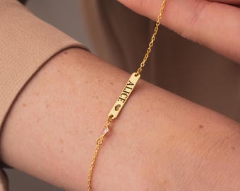 Personalized Birthstone Sterling Silver Name Bracelet, Engraved Gold Bar