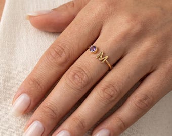 14k Gold Initial Birthstone Ring, Birthstone Letter Ring, Custom Initial Ring, Gift for Mom, Dainty Ring, Birthday Gifts, Christmas Gift,