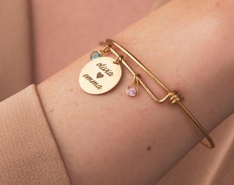 Personalized Name Bracelet with Birthstone , Custom Name Bracelet, Sterling Silver Disc Bracelet with Birthstone, Christmas Gift for Mom