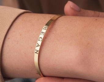 Personalized Engraved Bangle for Women,  Custom Gold Name Bracelet, Adjustable 14K Gold Plated Sterling Silver Cuff, Minimalist Gift for Her