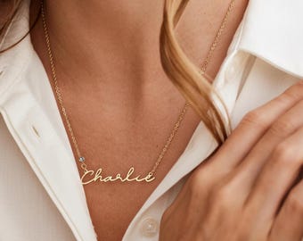 Custom Name Necklace with Birthstone, Personalized Birthstone Name Necklace, Birthday Gift for Her, Minimalist Christmas Gift for Mom