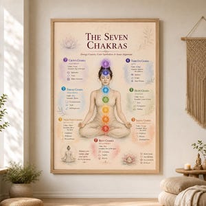 Seven Chakras Poster with Meanings, Energy Centers Chart, Chakra Body Guide, Yoga Studio Wall Art, Meditation Room Decor