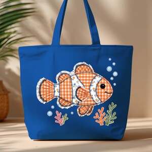 Faux Patchwork Clownfish Zippered Tote Bag, Shabby Chic Orange Fish Beach Gift for Her, Coastal Summer Vacation Cruise Travel Tote