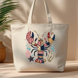 Faux Patchwork Lobster Zippered Tote Bag, Shabby Chic Ocean Beach Gift for Her, Coastal Summer Vacation Cruise Travel Tote
