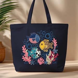 Faux Patchwork Colorful Fish Zippered Tote Bag, Shabby Chic Ocean Beach Gift for Her, Coastal Summer Cruise Travel Accessory
