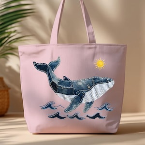 Faux Patchwork Whale Zippered Tote Bag, Shabby Chic Ocean Beach Gift for Her, Coastal Summer Vacation Cruise Travel Tote