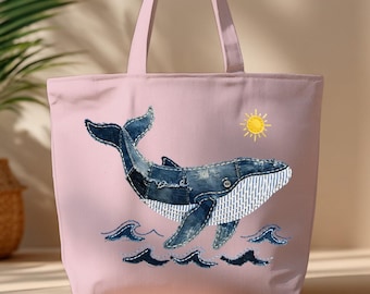 Faux Patchwork Whale Zippered Tote Bag, Shabby Chic Ocean Beach Gift for Her, Coastal Summer Vacation Cruise Travel Tote