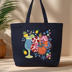 Faux Patchwork Tropical Cocktail Zippered Tote Bag, Shabby Chic Hibiscus Beach Gift for Her, Summer Vacation Cruise Accessory