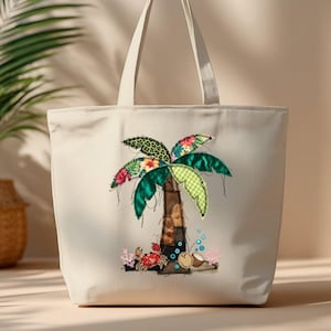 Faux Patchwork Palm Tree Zippered Tote Bag, Shabby Chic Beach Crab Gift for Her, Coastal Summer Vacation Cruise Travel Accessory