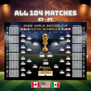 May include: A promotional poster for the 2026 World Soccer Cup, featuring a gold trophy at the center. The poster displays a match schedule with flags and the text "ALL 104 MATCHES" and "FINAL". The final match is scheduled for July 19.