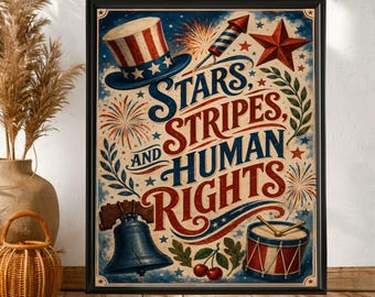 Human Rights Wall Art Poster, Progressive Patriotic Decor, Stars Stripes Rights Print, Liberal 4th of July 4:5 Rolled Poster