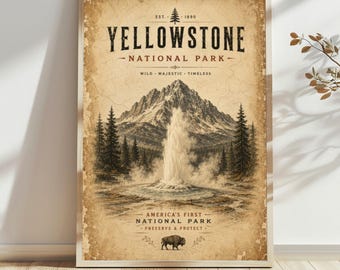 Yellowstone National Park Poster, Vintage Travel Wall Art, Geyser and Bison Print, Rustic Cabin Decor, National Park Gift, Hiking Wall Art