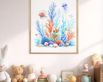 Watercolor Coral Reef Ocean Poster, Coastal Nursery Wall Art, Baby Shower Gift for New Mom, Beach House Kids Room Decor Art Print