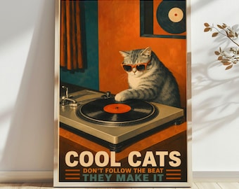 Retro Cat Music Wall Art for Vinyl Record Lovers, Cool Cat DJ Poster or Canvas, Funny Music Room Decor, 2:3 Rolled Print