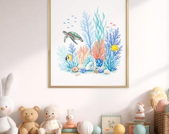 Watercolor Sea Turtle Poster, Coastal Summer House Decor, Beach Art Gift for Coral Lover, Undersea Nursery Room Wall Print