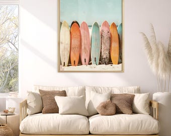 Retro Surfboard Wall Art Print, Pastel Beach House Decor, Coastal Bedroom Poster for Women, Summer Travel Gift for Her, Aesthetic Print