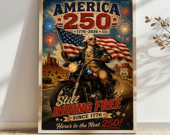 George Washington Motorcycle Poster, USA 250th Anniversary 4th of July Gift for Dad, Route 66 American Flag Wall Art, Biker Man Cave Decor