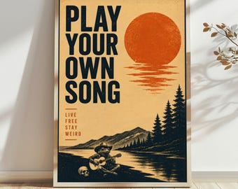 Music Lover Wall Art for Bedroom, Guitar Poster or Canvas, Retro Sunset Cabin Decor, Stay Weird Quote, Dorm Room Decor, 2:3 Rolled Print