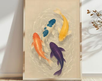 Japanese Koi Pond Wall Art for Bathroom, Koi Fish Poster or Canvas, Zen Spa Decor, Meditation Room Art, Neutral Decor, 2:3 Rolled Print
