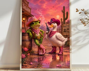 Funny Western Wall Art, Cowboy Frog and Goose Poster or Canvas, Quirky Animal Saloon Decor, Colorful Cowgirl 2:3 Rolled Print