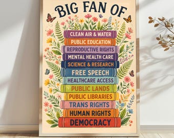 Progressive Wall Art Poster or Canvas, Social Justice Book Stack Print, Teacher Classroom Decor, Library Gift, Democracy 2:3 Rolled Print