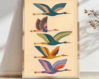 Colorful Bird Wall Art for Living Room, Folk Art Bird Poster or Canvas, Boho Nature Decor, Mid Century 2:3 Rolled Print