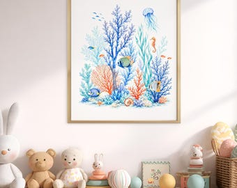 Watercolor Coral Reef Poster, Coastal Summer House Decor, Beach Art Gift for Coral Lover, Undersea Nursery Room Wall Print