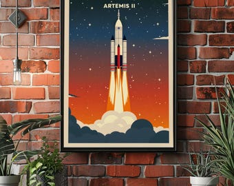 Artemis II Space Poster, NASA Moon Mission Art, Rocket Launch Print, Retro Futuristic Decor, Gift for Space Lover, Minimalist Galaxy Poster