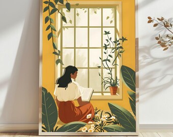 Cozy Reading Wall Art, Book Lover Gift for Her, Cottagecore Girl Reading Poster, Aesthetic Bedroom Print, Rolled Canvas Home Office Decor