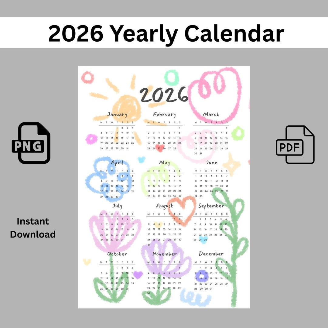 2026 Calendar Single Page Crayon Sketch Kids | Desk Calendar | Wall Calendar | 2026 Planner ...