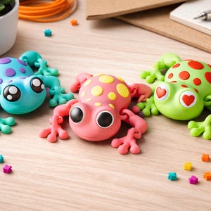 May include: Three colorful frog figurines in blue, pink, and green with large eyes and spotted patterns. The blue frog has purple spots, the pink frog has yellow spots, and the green frog has red heart-shaped spots. They are on a light wood surface.